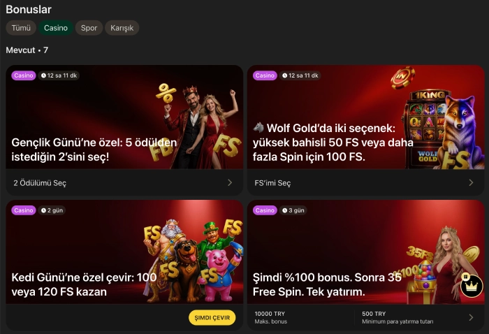 1king bonuslar ekranında aktif kampanya kartları