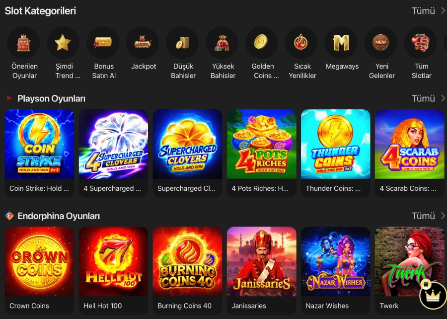 1king slot sağlayıcıları kategorileri ve filtre ikonları